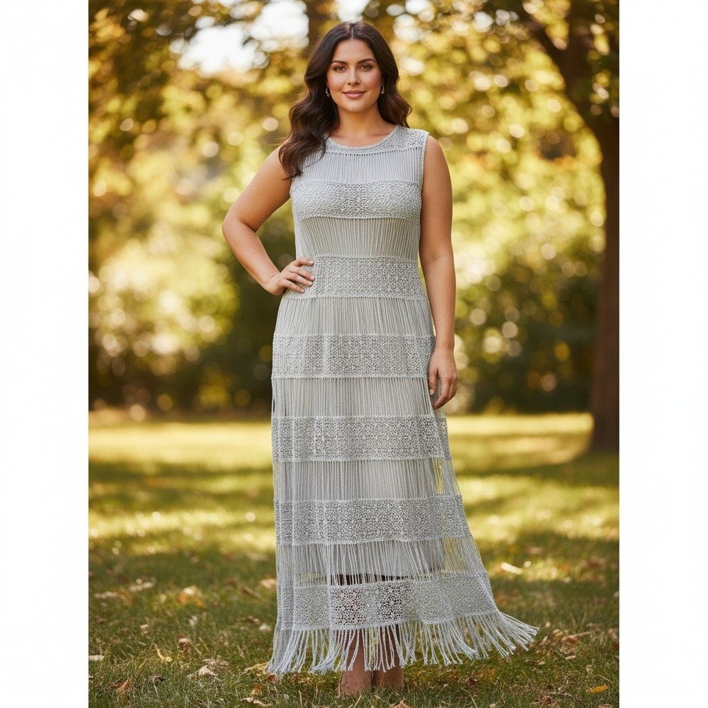 Callahan Maxi Dress Women Medium Grey Crochet Macrame Fringe Boho Festival